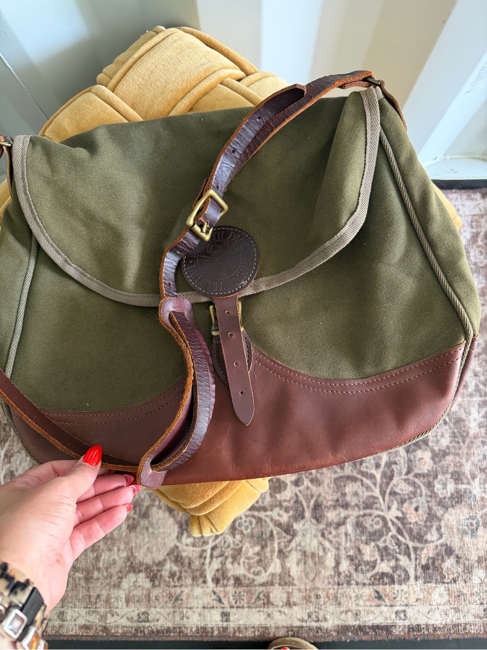 Olive Green Canvas and Brown Leather Satchel - Timeless Crossbody